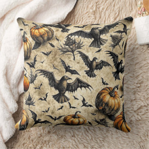 Vintage Halloween Pumpkins Bats Crows Autumn Cushion