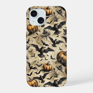 Vintage Halloween Pumpkins Bats Crows Autumn iPhone 15 Case