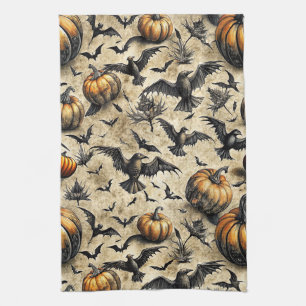 Vintage Halloween Pumpkins Bats Crows Autumn Tea Towel