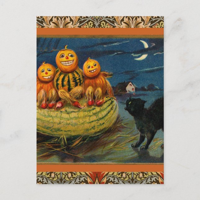 Vintage Halloween Pumpkins Black Cat Invitation Postcard (Front)