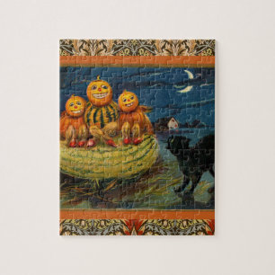 Vintage Halloween Pumpkins Black Cat Jigsaw Puzzle