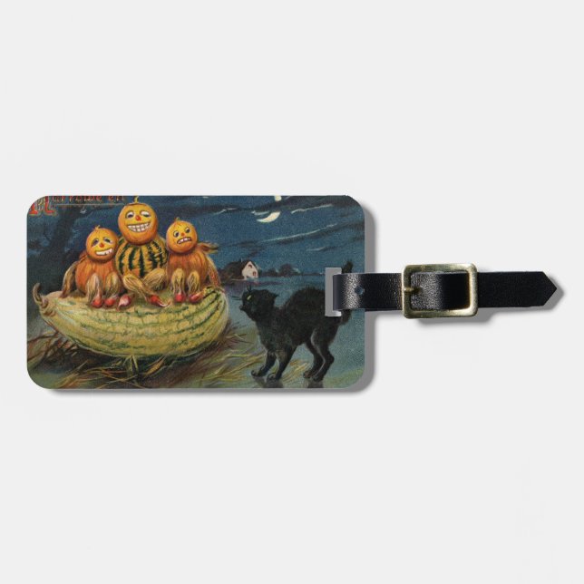 Vintage Halloween Pumpkins Black Cat Luggage Tag (Front Horizontal)