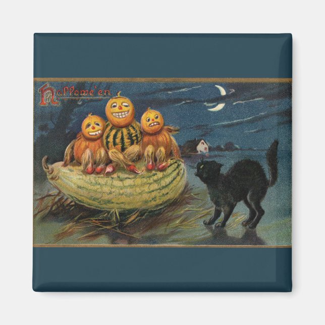 Vintage Halloween Pumpkins Black Cat Magnet (Front)