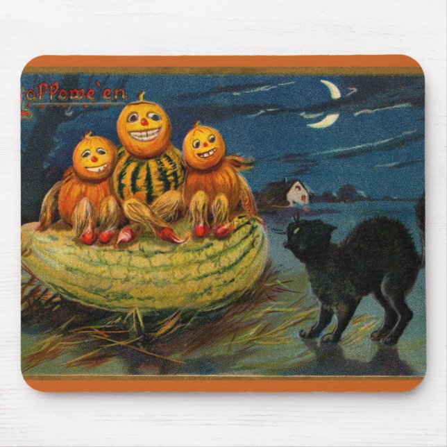 Vintage Halloween Pumpkins Black Cat Mouse Pad (Front)