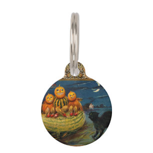 Vintage Halloween Pumpkins Black Cat Pet Tag