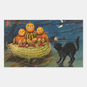 Vintage Halloween Pumpkins Black Cat Rectangular Sticker