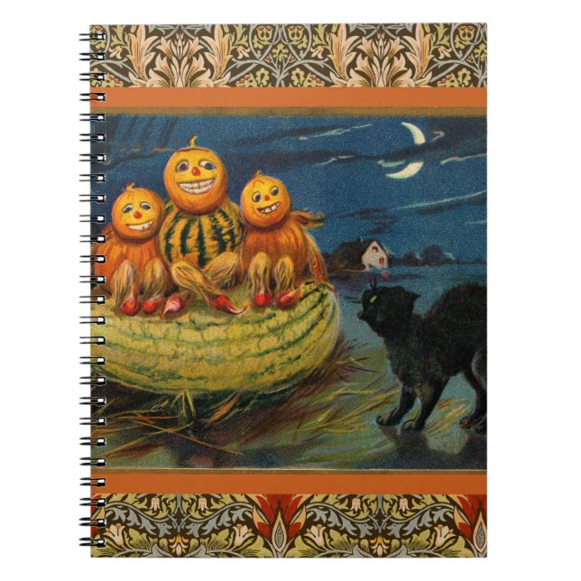 Vintage Halloween Pumpkins Black Cat Spiral Notebook (Front)