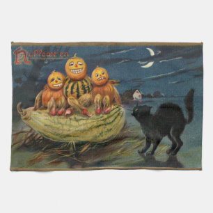 Vintage Halloween Pumpkins Black Cat Tea Towel