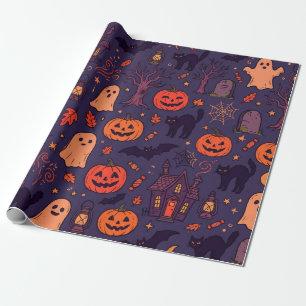 Vintage Halloween Pumpkins Ghosts & Black Cats Wrapping Paper