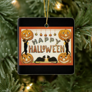 Vintage Halloween, Retro Cats with Pumpkins Ceramic Tree Decoration