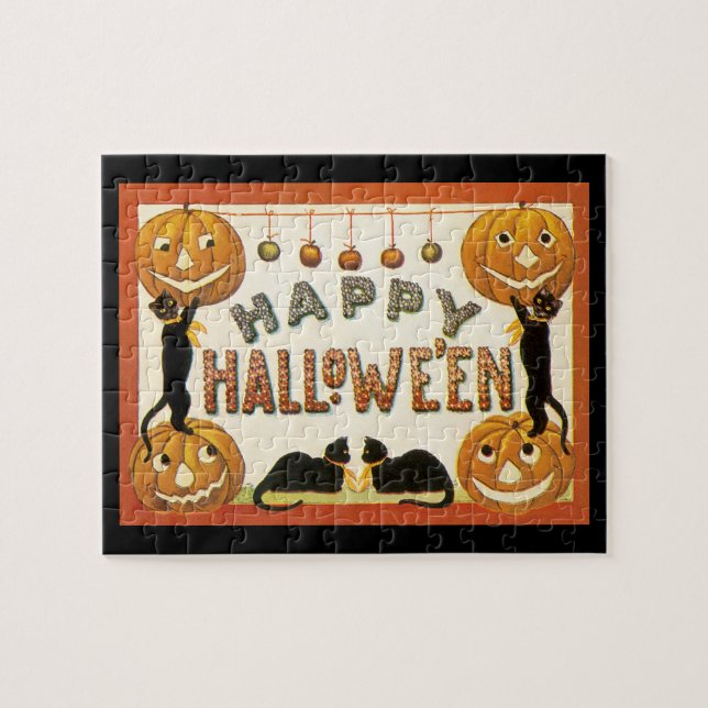 Vintage Halloween, Retro Cats with Pumpkins Jigsaw Puzzle (Horizontal)
