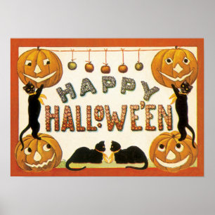 Vintage Halloween, Retro Cats with Pumpkins Poster