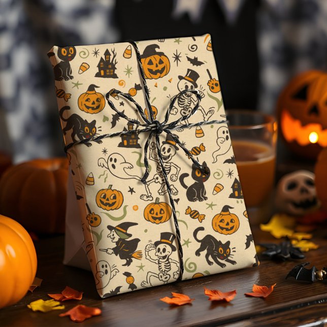 Vintage Halloween Retro Skeleton Witch Nostalgic Wrapping Paper (Retro Halloween wrap with vintage skeletons, witches, bats & pumpkins with aged sepia paper texture.)