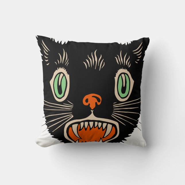 Vintage Halloween Scared Black Cat Cushion (Front)