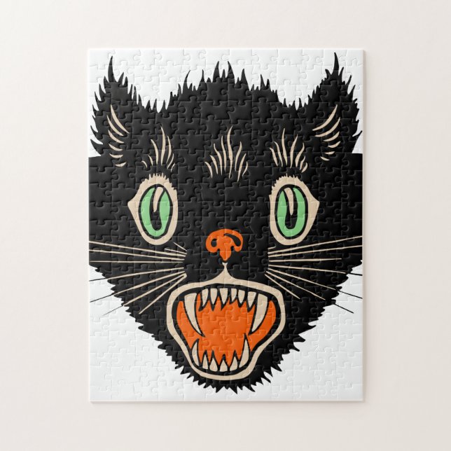 Vintage Halloween Scared Black Cat Jigsaw Puzzle (Vertical)
