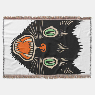 Vintage Halloween Scared Black Cat Throw Blanket