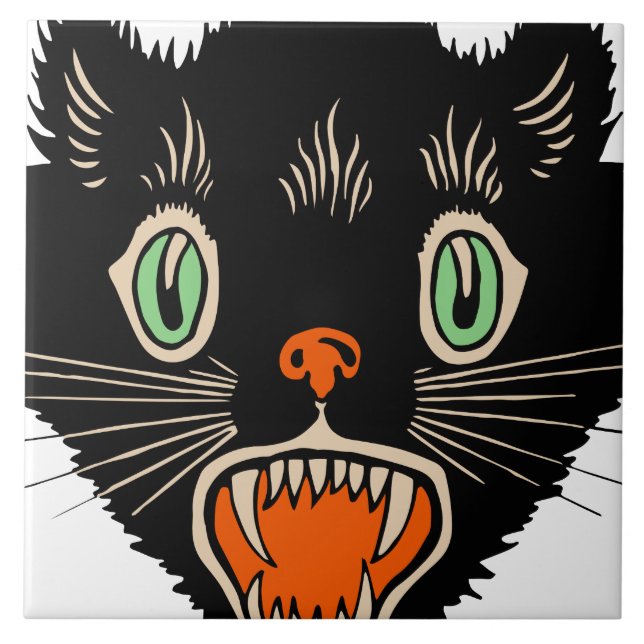 Vintage Halloween Scared Black Cat Tile (Front)