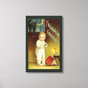 Vintage Halloween, Scared Boy with Black Cat Canvas Print