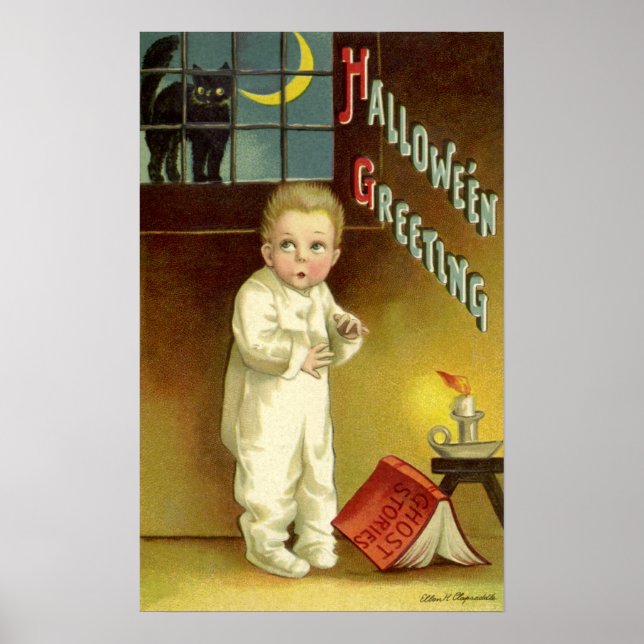 Vintage Halloween, Scared Boy with Black Cat Poster (Front)