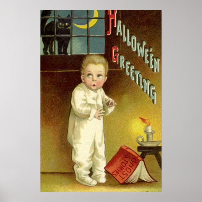 Vintage Halloween, Scared Boy with Black Cat Poster (Front)