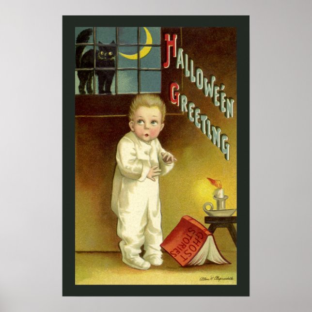 Vintage Halloween, Scared Boy with Black Cat Poster (Front)