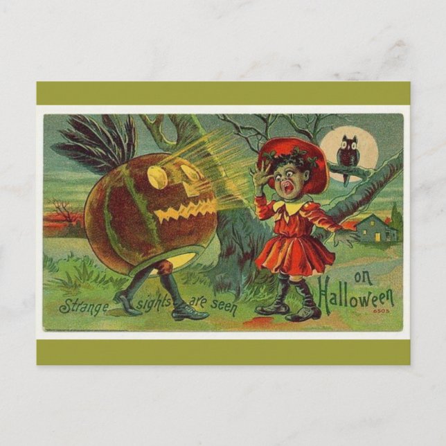 vintage-halloween-scared-girl-owl-pumpkin-card postcard (Front)