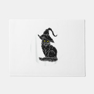 Vintage Halloween Scary Black Cat Witch Hat Moon W Doormat