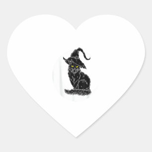 Vintage Halloween Scary Black Cat Witch Hat Moon W Heart Sticker