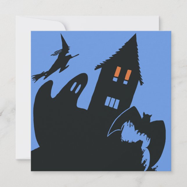 Vintage Halloween, Scary Haunted House and Witch Invitation (Front)