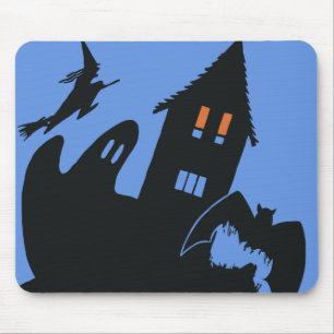 Vintage Halloween, Scary Haunted House and Witch Mouse Pad