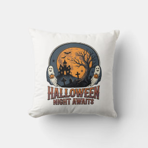 Vintage Halloween Scene Engraved Moon Ghost Shirt_ Cushion