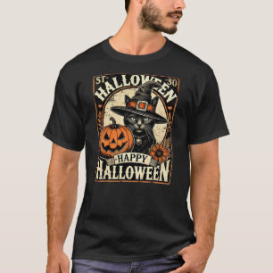 Vintage Halloween Shirt Black Cat With Witches Hat