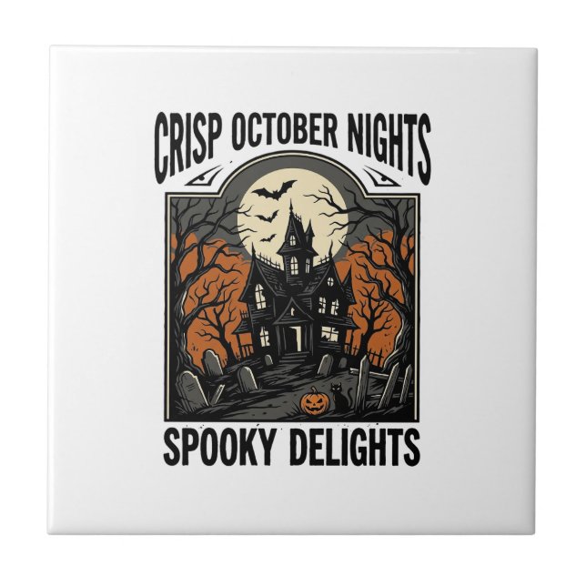 Vintage Halloween Shirt With Haunted October Night Tile (Front)