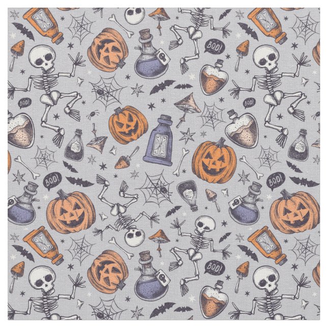 Vintage Halloween Skeleton and Potions Pattern Fabric (Close Up)
