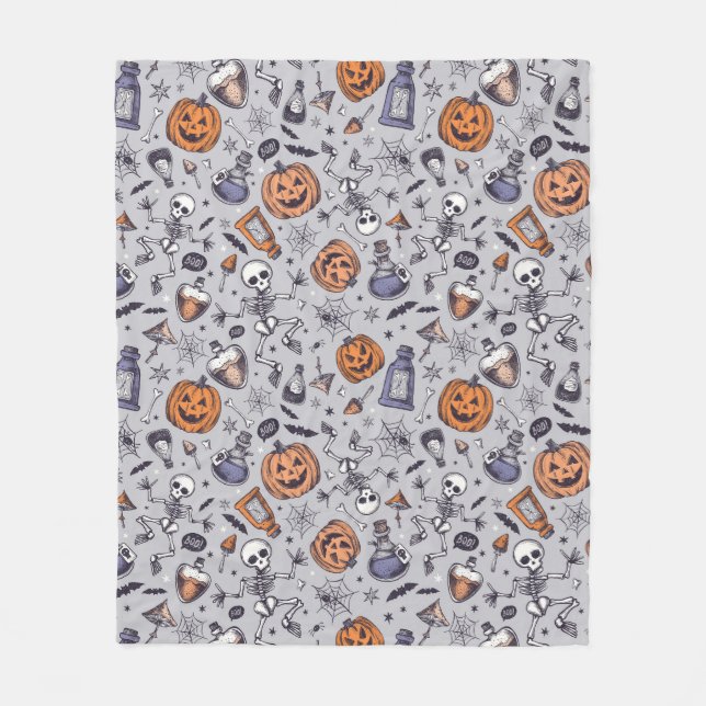 Vintage Halloween Skeleton and Potions Pattern Fleece Blanket (Front)