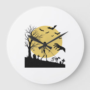 Vintage Halloween Skeleton Dog Moon Vector Design_ Large Clock