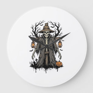 Vintage Halloween Skeleton Scarecrow Shirt Design_ Large Clock