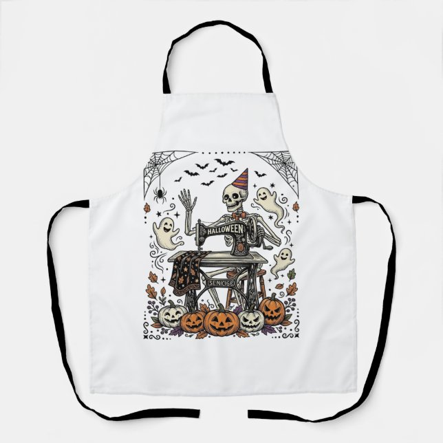 Vintage Halloween Skeleton Sewing Machine Shirt De Apron (Front)