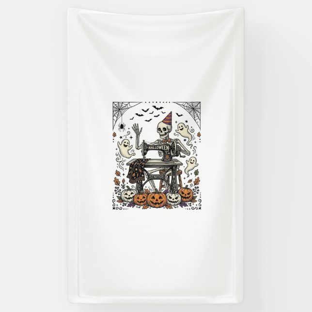 Vintage Halloween Skeleton Sewing Machine Shirt De Banner (Vertical)