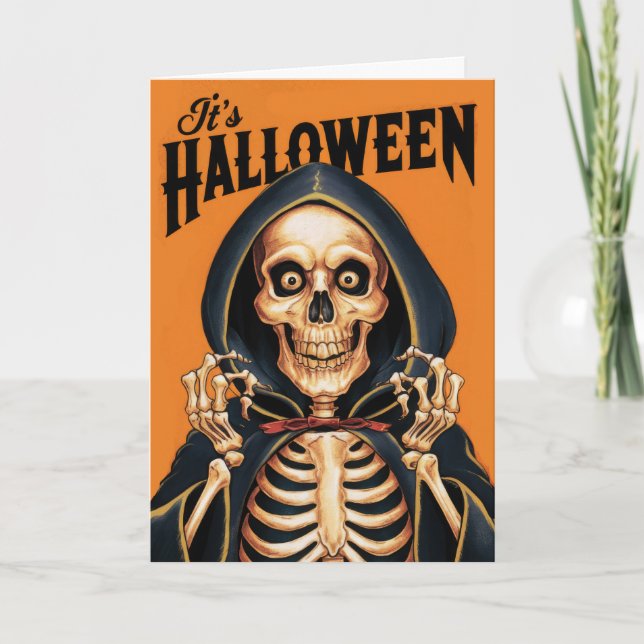 Vintage Halloween Skelton with a Cape Holiday Card (Front)