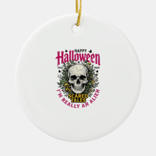Vintage Halloween Skull Alien Graphic for White Sh Ceramic Tree Decoration