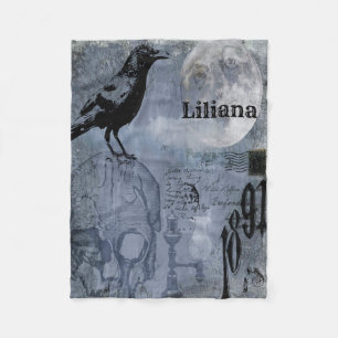 Vintage Halloween Skull and Crow Customise Fleece Blanket