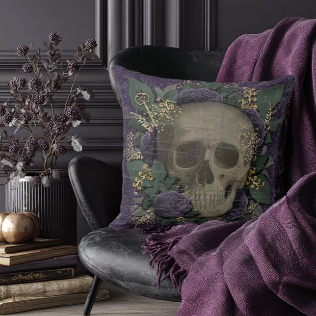 Vintage Halloween Skull Cushion (Purple Floral Skull Pillow)