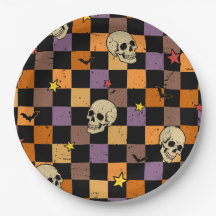 Vintage Halloween Skulls and bats chequerboard