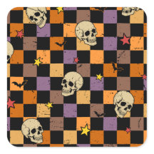 Vintage Halloween Skulls and bats chequerboard