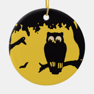 Vintage Halloween, Spooky Owl in Tree with Moon Ceramic Tree Decoration