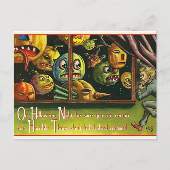 Vintage Halloween spooky pumpkins postcard (Front)