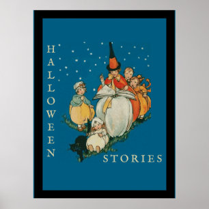 Vintage Halloween Storytime Little Witch Black Cat Poster