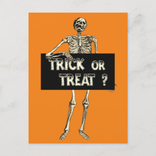 Vintage Halloween Trick or Treat Skeleton Postcard