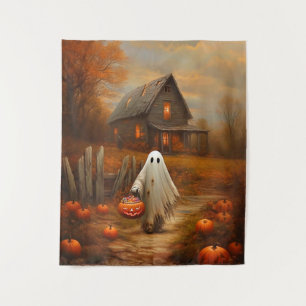 Vintage Halloween Trick-or-Treating Ghost Tapestry